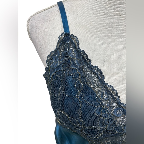 Nk Imode teal v neck Lace 100% silk maxi nightgown adjustable straps size large - Picture 4 of 9